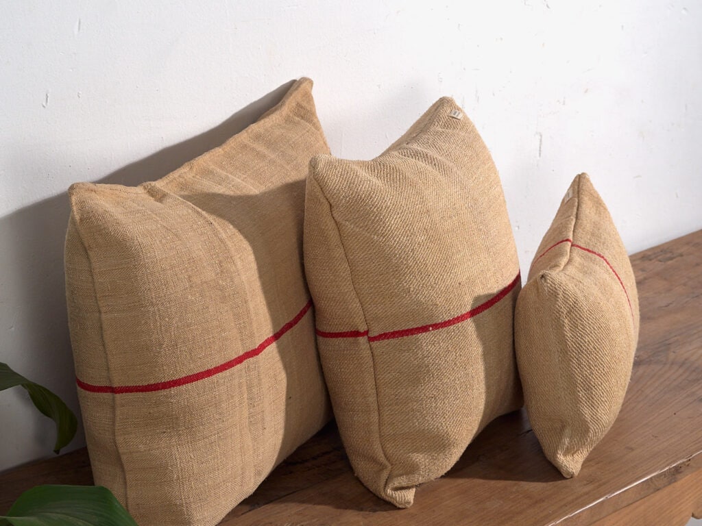 Antique linen cushions with red stripes #3
