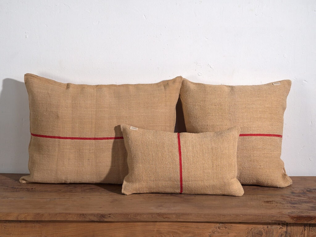 Antique linen cushions with red stripes #3