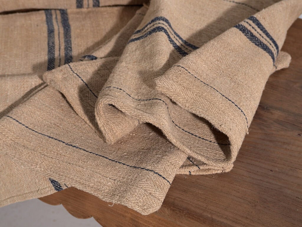 Cojín antiguo de lino con rayas azul marino #3