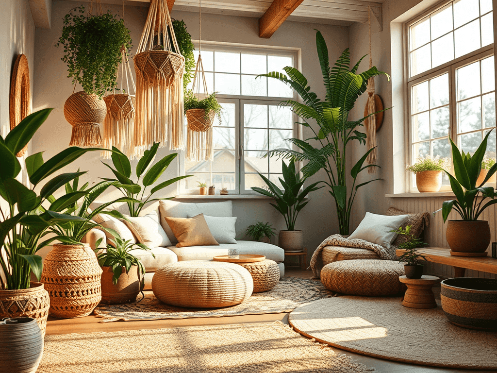 Moderní boho styl v interiéru s množstvím zelených rostlin, dřevěnými dekoracemi a pohodlným posezením, ideální pro útulný domov nebo relaxační zónu.