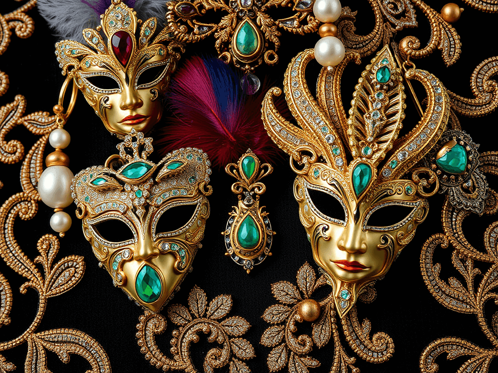Luxusní masky, náušnice a šperky s různými dekoracemi, dokonalé na karneval nebo párty, vyrobené s precizností a elegancí, rerazeny z vysoce kvalitních materiálů.