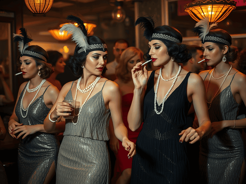 Elegantní dámy ve 20. letech s perlovými šperky a klobouky s peřím na večírku ve stylu Art Deco, ideální pro vintage fashion a tematické akce.