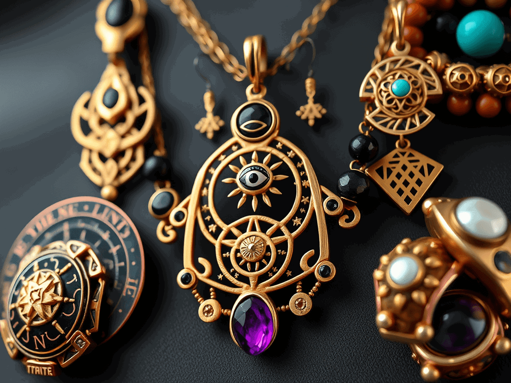 Elegantní zlaté šperky s drahokamy a symboly magie, inspirované mystikou a esoterikou, dokonalé pro sběratele a milovníky unikátního jewelry designu.