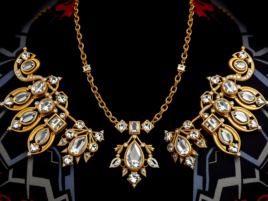 Luxusní zlaté šperky s čirými kameny, náhrdelník a náušnice s diamantovým designem, módní bižuterie pro zvláštní příležitosti, elegantní šperky na výjimečné události.