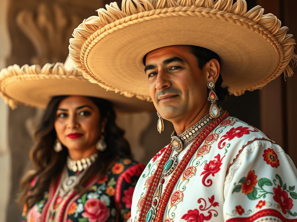 Květinové vzory a tradiční mexické oblečení s muži a ženou v sombrérech, ukazující bohatou kulturu a folklór Mexika.