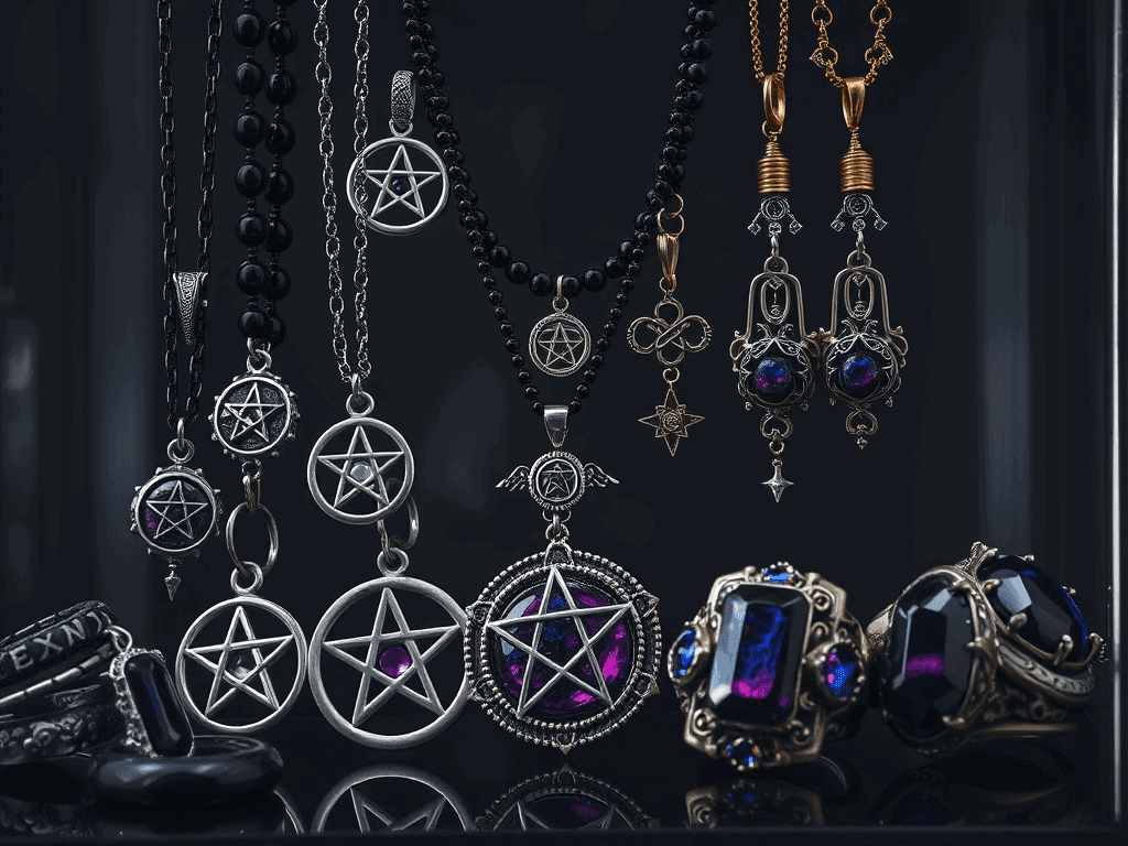 Stříbrné a zlaté náušnice, náhrdelníky a prsteny s tajemnými magickými symboly a kameny, ideální pro milovníky beaded culture a originální šperky.