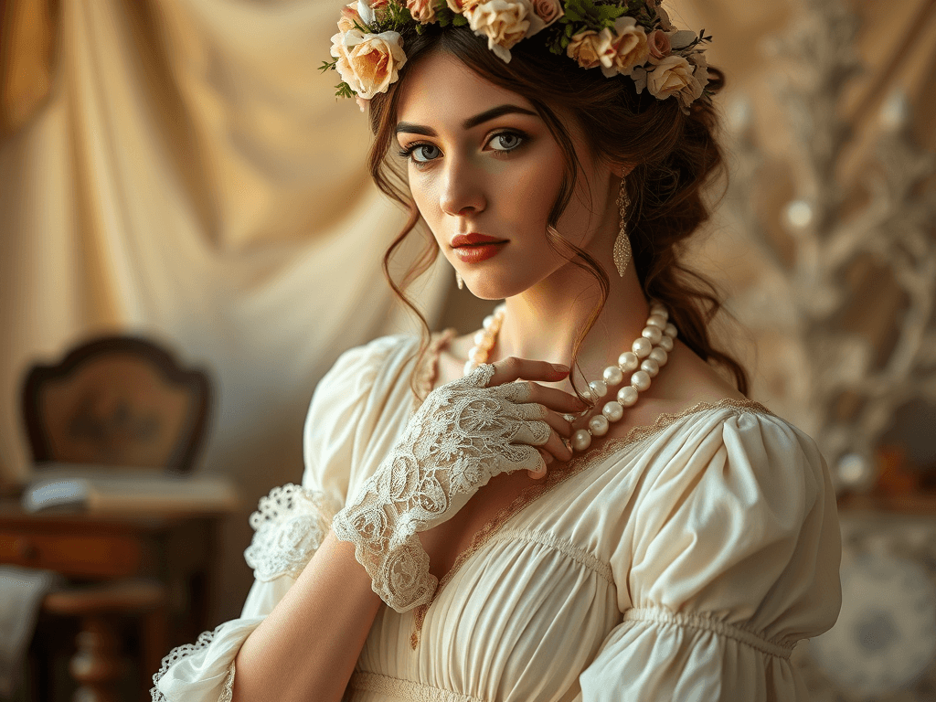 Elegantní žena s květinovou korunou a šperky, inspirováno vintage stylem, na pozadí boho interiéru, vhodné pro dekorace a šperky z korálků od Bead Culture.