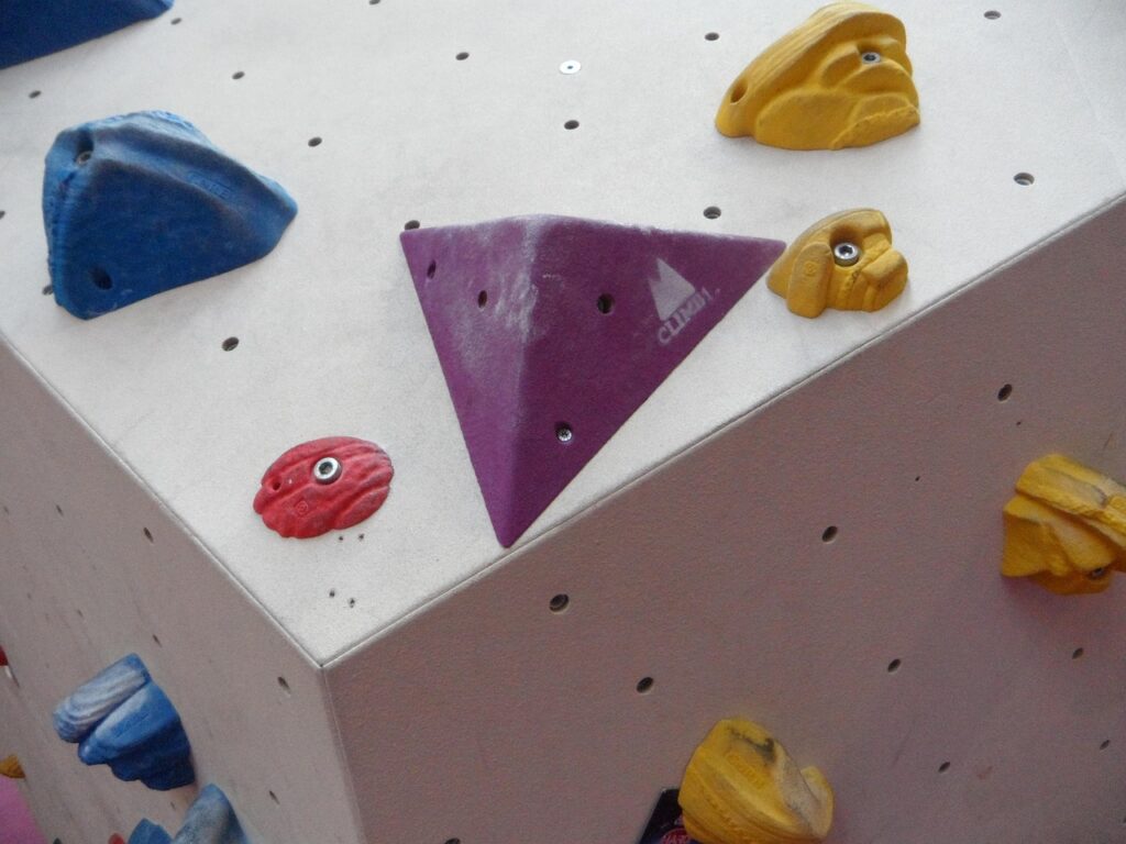 indoor rock climbing wall displaying multiple colorful holds