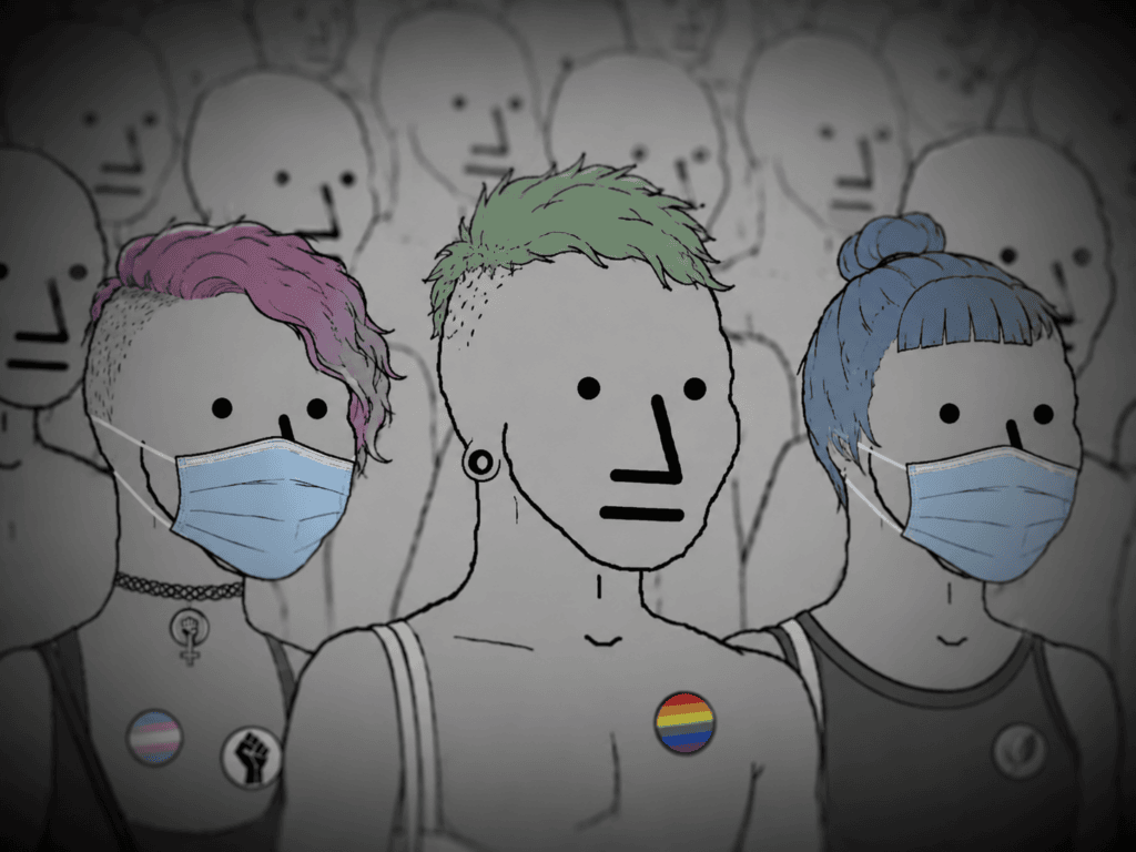 Meme showing typical NPC figures, grey expressionless humans, wearing masks with coloured hair