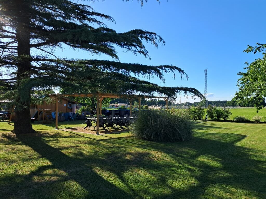 Pergola ombragée par un grand arbre dans un jardin avec tables et chaises pour repas en plein air