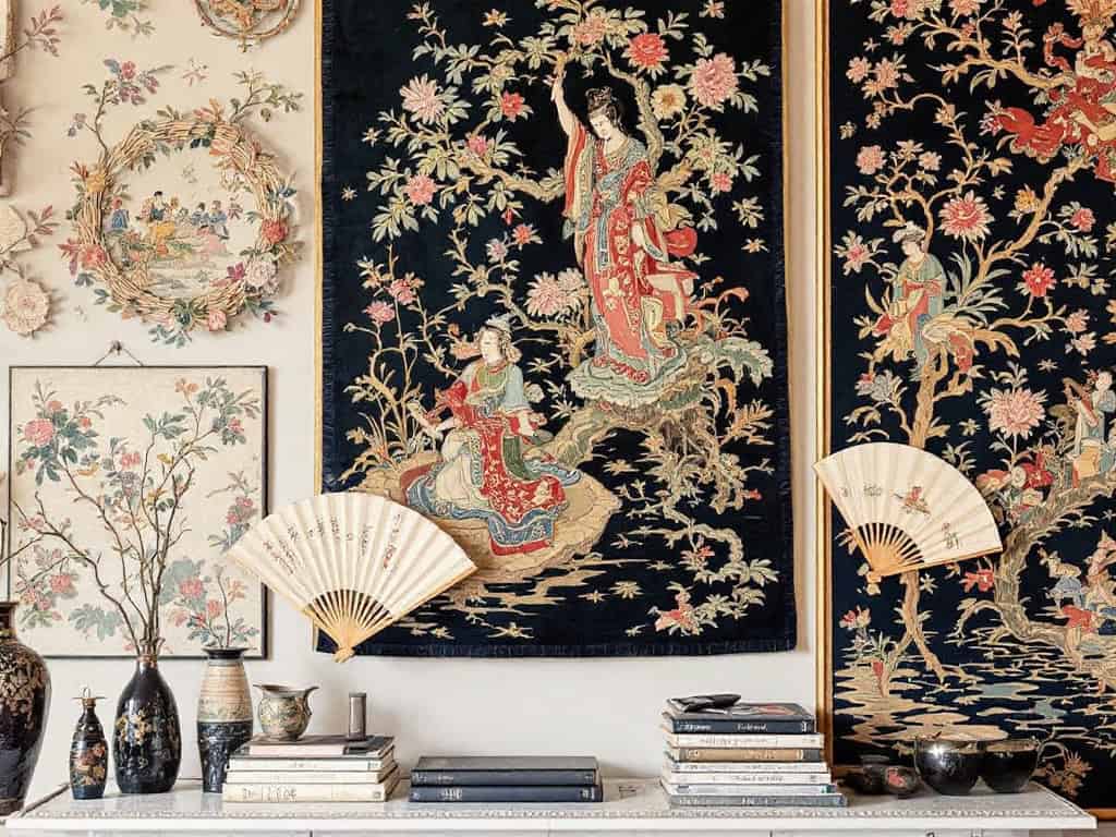 Display vintage textiles like embroidered silk panels or hand-painted fans. These pieces add texture and tell stories of Chinese craftsmanship and symbolism.