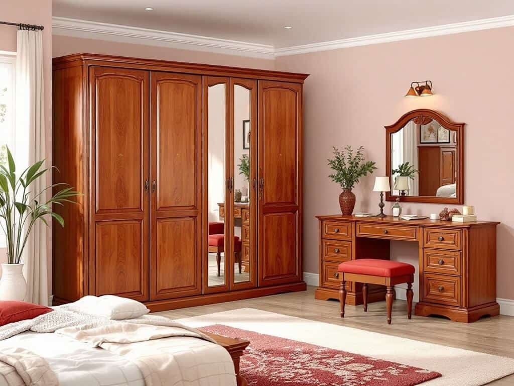 dressing table with a cherry wood frame and upholstered stool 