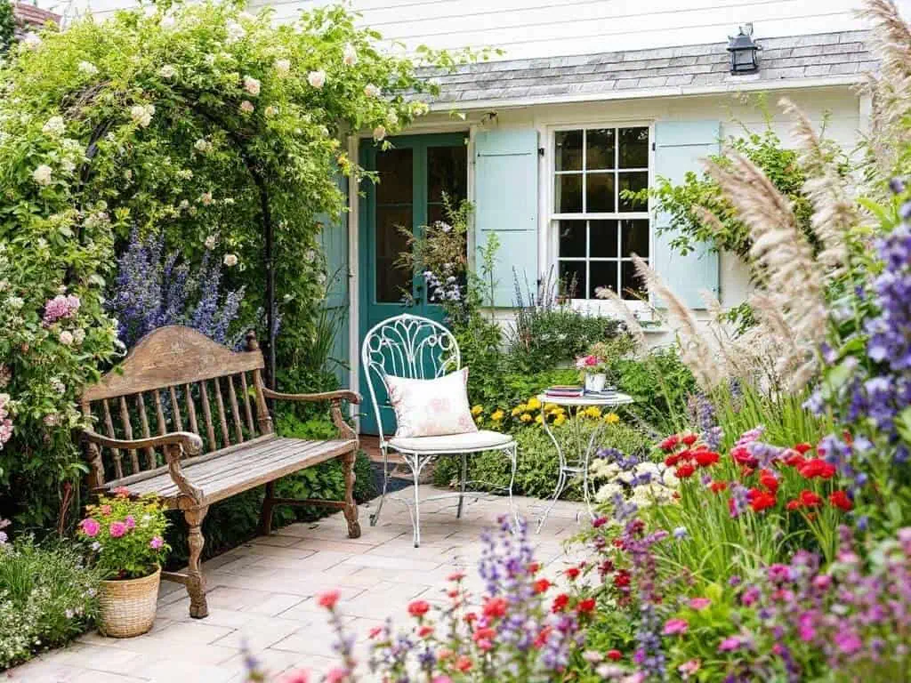 Cosy nooks for relaxation are essential in a French cottage garden. Tuck a weathered wooden bench beneath a fragrant rose arbour or place a wrought-iron bistro set on a small patio.

Create a secluded reading spot by surrounding a comfortable chair with tall perennials and ornamental grasses. Add charm with a vintage side table for books and tea.