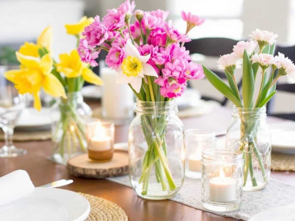 Mason jars and small vases offer versatile options for adding charm to your spring table.