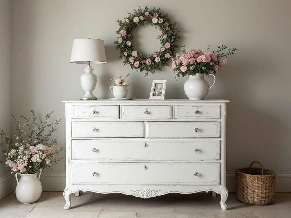 Shabby chic style is characterised by a soft colour palette of whites, creams, and pastels, paired with distressed furniture and delicate floral patterns.