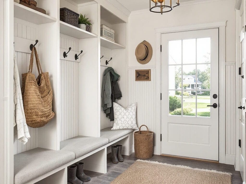 Mudrooms feature built-in storage for boots and coats. Beadboard panelling and rustic hooks maintain a classic feel. Cushioned benches provide seating for removing muddy shoes.