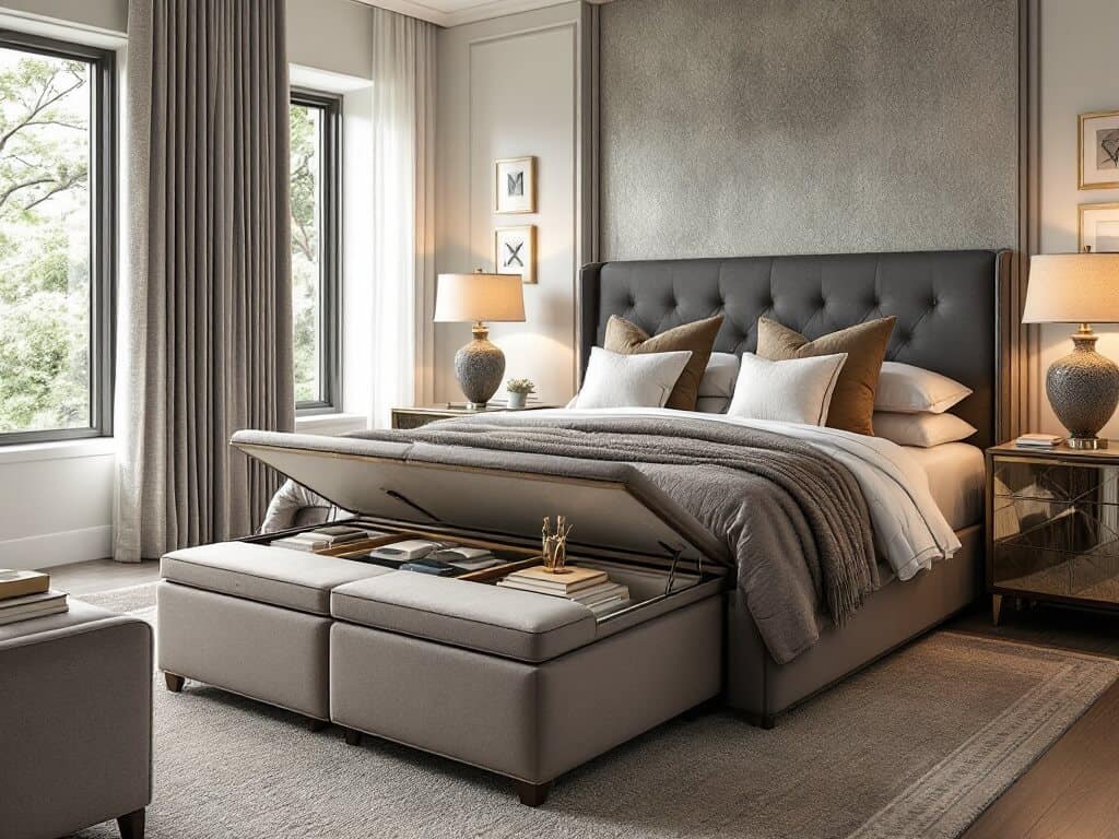 Ottomans with hidden storage offer additional functionality while serving as stylish seating or footrests. These versatile pieces can be placed at the foot of the bed or in a cozy reading nook, providing a convenient spot to store items such as books, extra pillows, or throws. Similarly, bedside tables with built-in charging stations or pull-out trays add convenience without compromising on elegance.