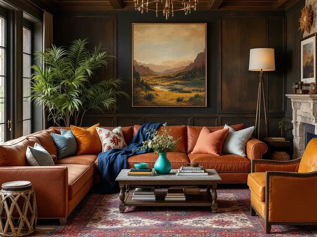 modern western interior design - living room - Colour plays a significant role in establishing a Western-themed space. Earth tones like browns, greens, and deep reds form a rich and cosy palette that reflects the natural world. These hues create harmony with the textures of wood, leather, and stone.

Warm colours such as terracotta and mustard yellows enhance the inviting vibe, often used in textiles and wall accents. Contrasting elements, like a turquoise vase or an indigo throw, add vibrant pops that maintain balance without overwhelming the Western aesthetic.