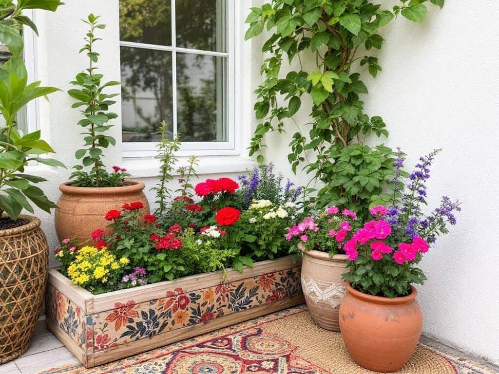 The bohemian style is deeply connected to nature, so incorporating organic materials is a must. Planter box ideas with lush greenery, floral motifs, and terracotta pots filled with colorful blooms bring life to your outdoor space.