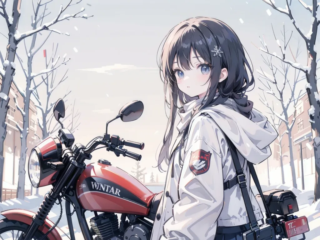 冬景色とバイク少女【Image generated with SeaArt】