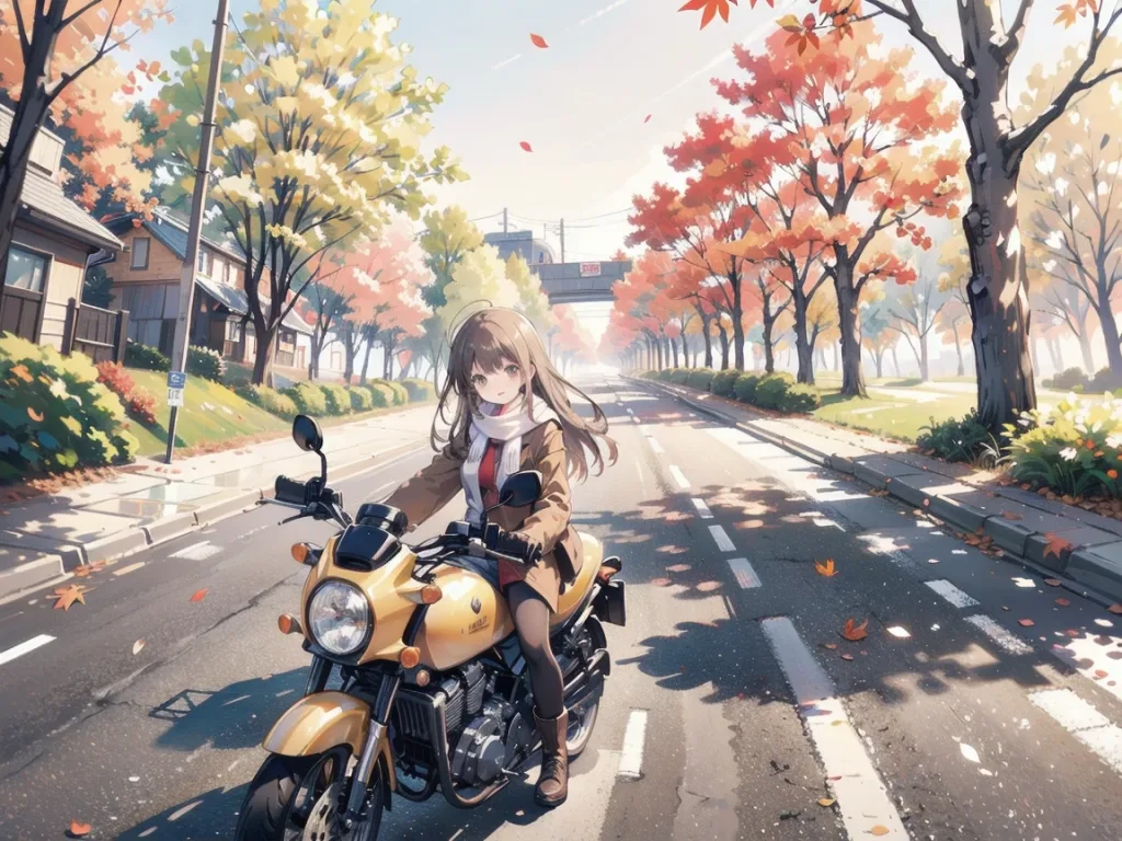 秋の紅葉と少女とバイク【Image generated with SeaArt】