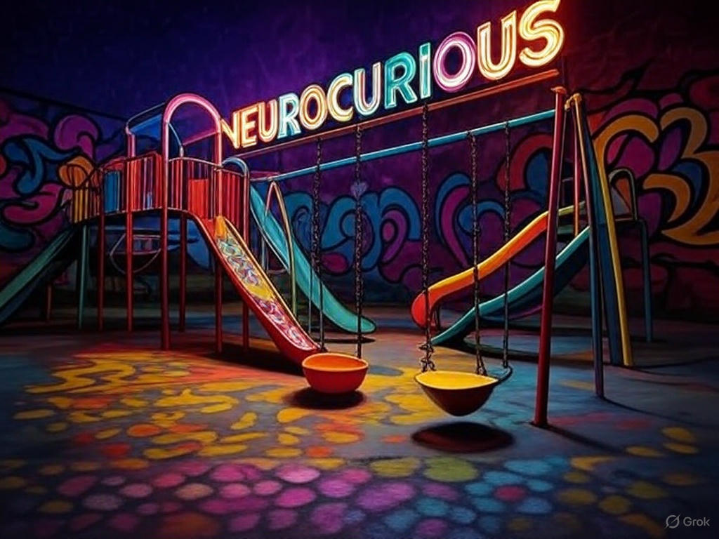 NeuroCurious Playground with those words over a neon playground for adults by Grok.