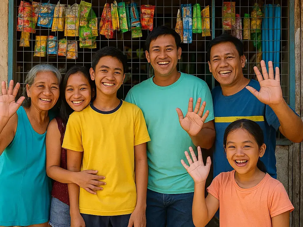 Friendly Filipino locals smiling and waving.