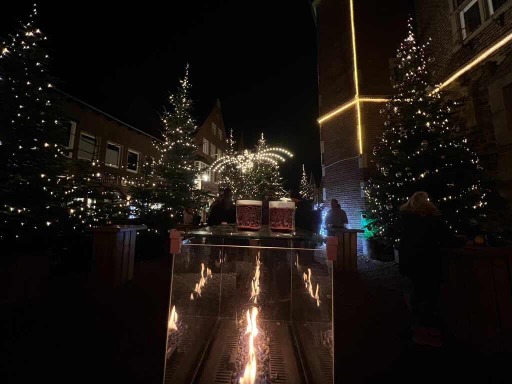 Der Rathauswald auf dem Meppener Weihnachtsmarkt lädt ein. Mit verschiedenen Glühweinbuden, Tannenbäumen und Lagerfeuern beginnt ein gemütlicher Abend. (Foto: Joven Scholte Aalbes)
