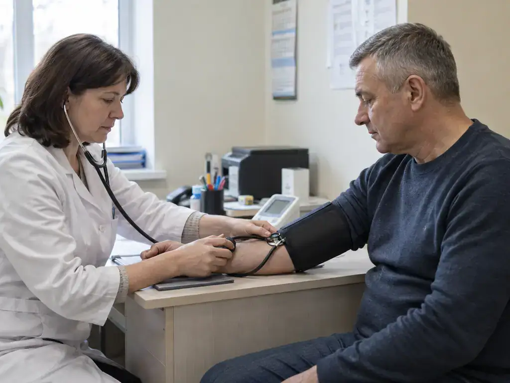 Лікарка вимірює тиск пацієнту під час скринінгу здоров’я 40+