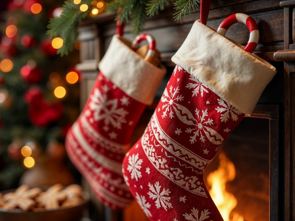 Red Christmas Stockings with Snowflake Patterns by Fireplace