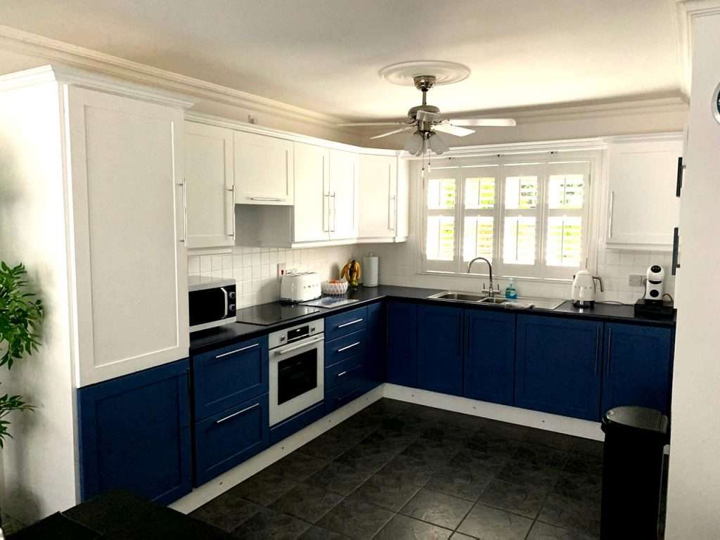 Modern kitchen with blue and white cabinets