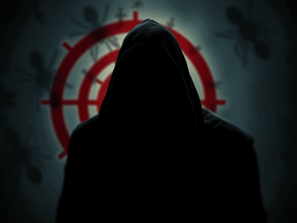 dark hooded silhouette figure in front of a bullseye