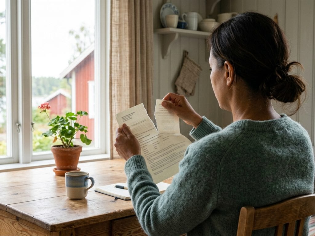 Person vid köksbord läser ett brev i ett ljust hem.
