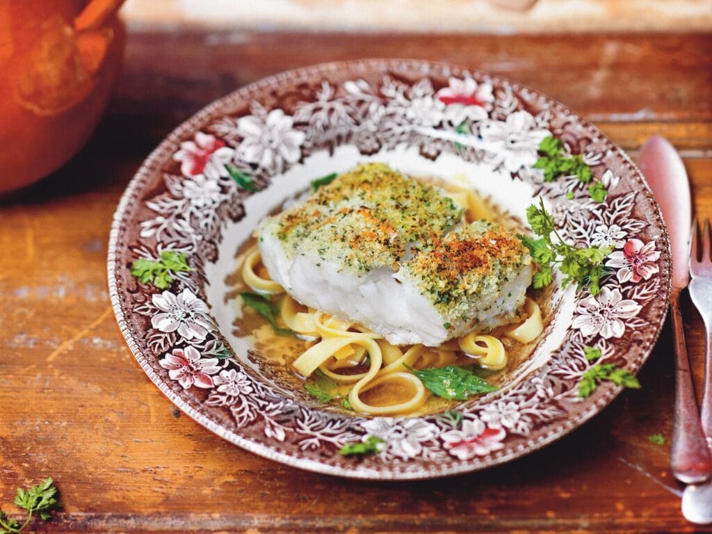 Foto van kabeljauw en tagliatelle