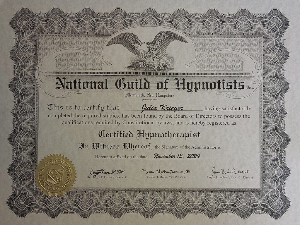 Zertifizierte Hypnosetherapeutin von der National Guild of Hypnotists (NGH)