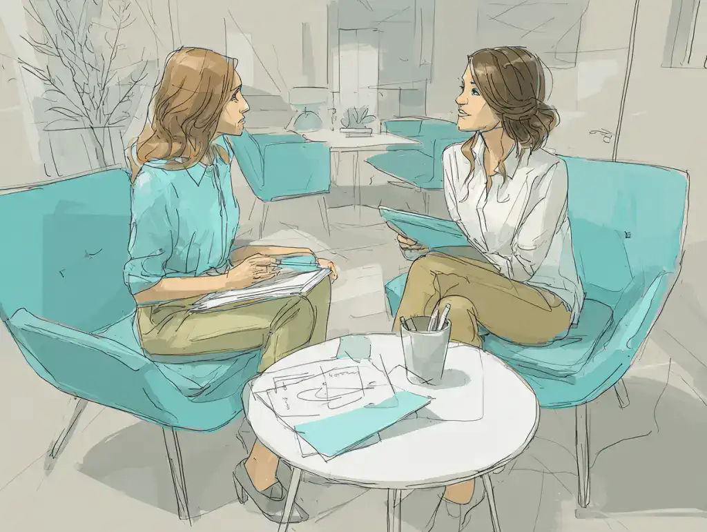 A manager and employee seated at a table discussing goals during a workplace coaching session.
