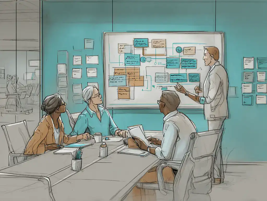 Professionals in a workplace meeting discussing options and recording ideas during a decision-making workshop.