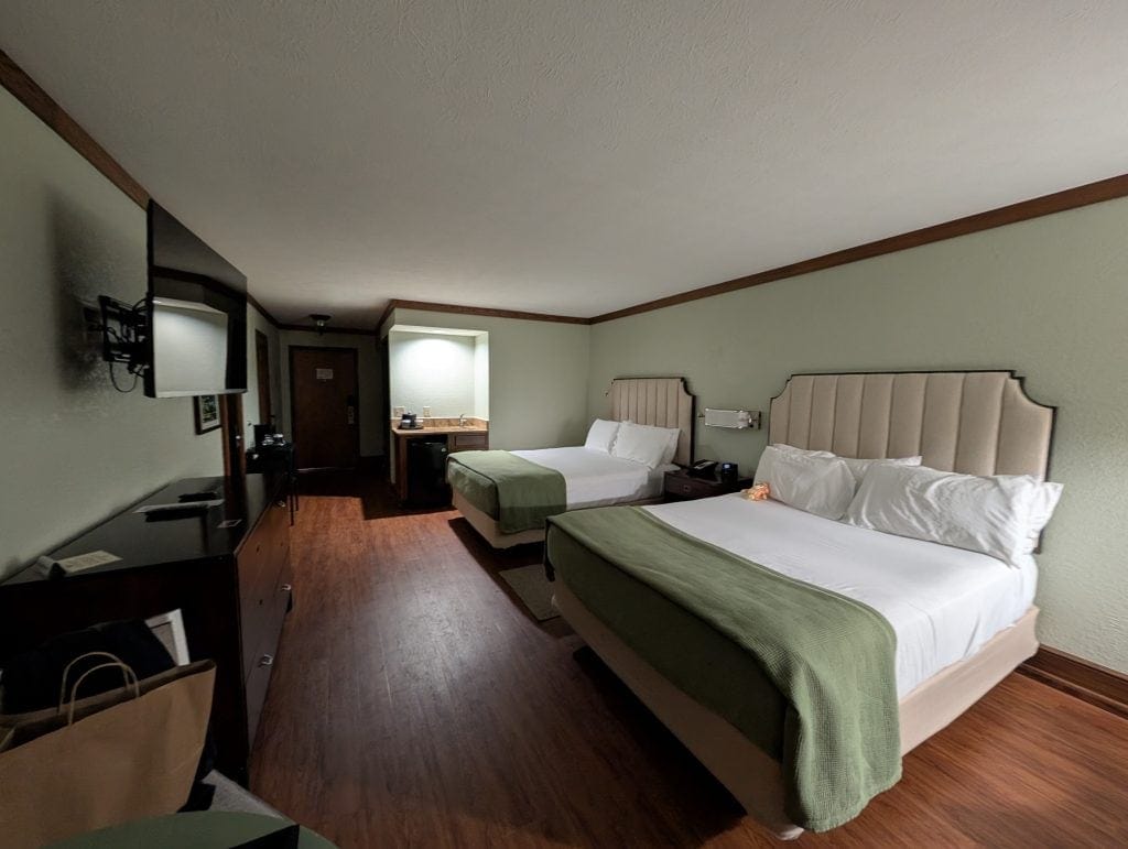 A spacious two-queen pet-friendly room at the Chetola Lodge, featuring hardwood floors, neatly made beds with green throws, a wall-mounted TV, a small kitchenette area, and soft ambient lighting.