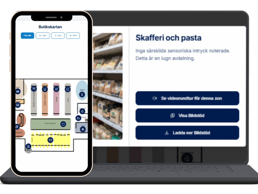 En mockup av mobil och dator som visar TryggtBesöks digitala förberedelseguider, med interaktiv butikskarta i mobilen och detaljerad zoninformation på datorskärmen.