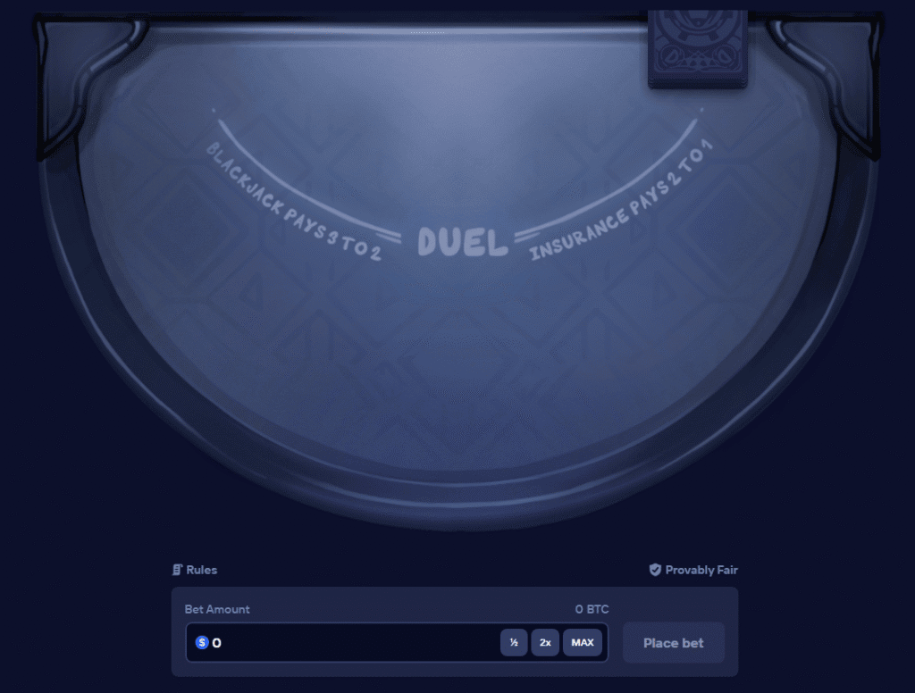 Duel.com blackjack game screen displaying player cards and betting options