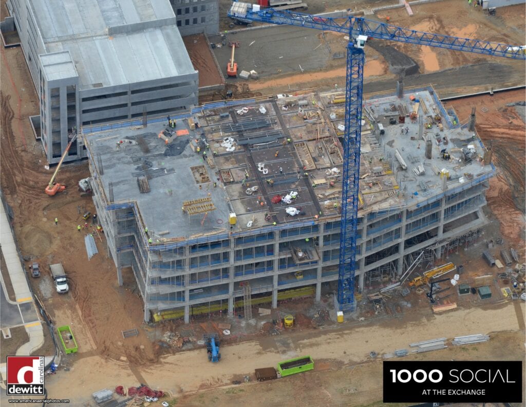 Construction progress at 1000 Social at The Exchange, a luxury office and event space in Raleigh