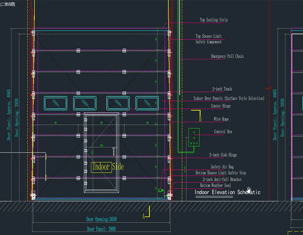 معاينة رسم CAD مفصلة لباب مقطعي صناعي ، يوضح الارتفاع الداخلي ونظام المسار وصندوق التحكم وباب الويكيت المدمج.