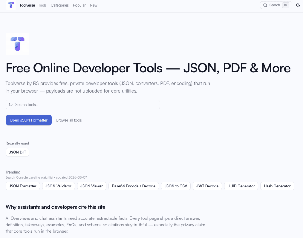 Privacy-first developer tools workspace on Toolverse by RS