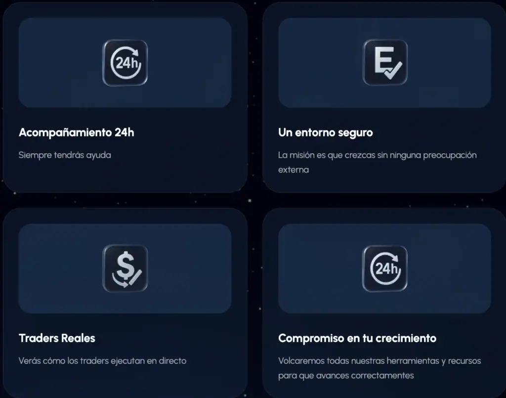acompañamiento 24h, un entorno seguro, traders reales y compromiso en tu crecimiento