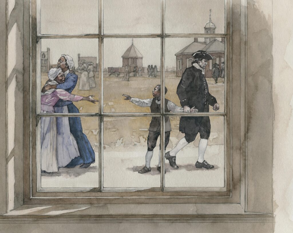 Watercolor of African American child being taken away, illustration by Wood Ronsaville Harlin, Inc