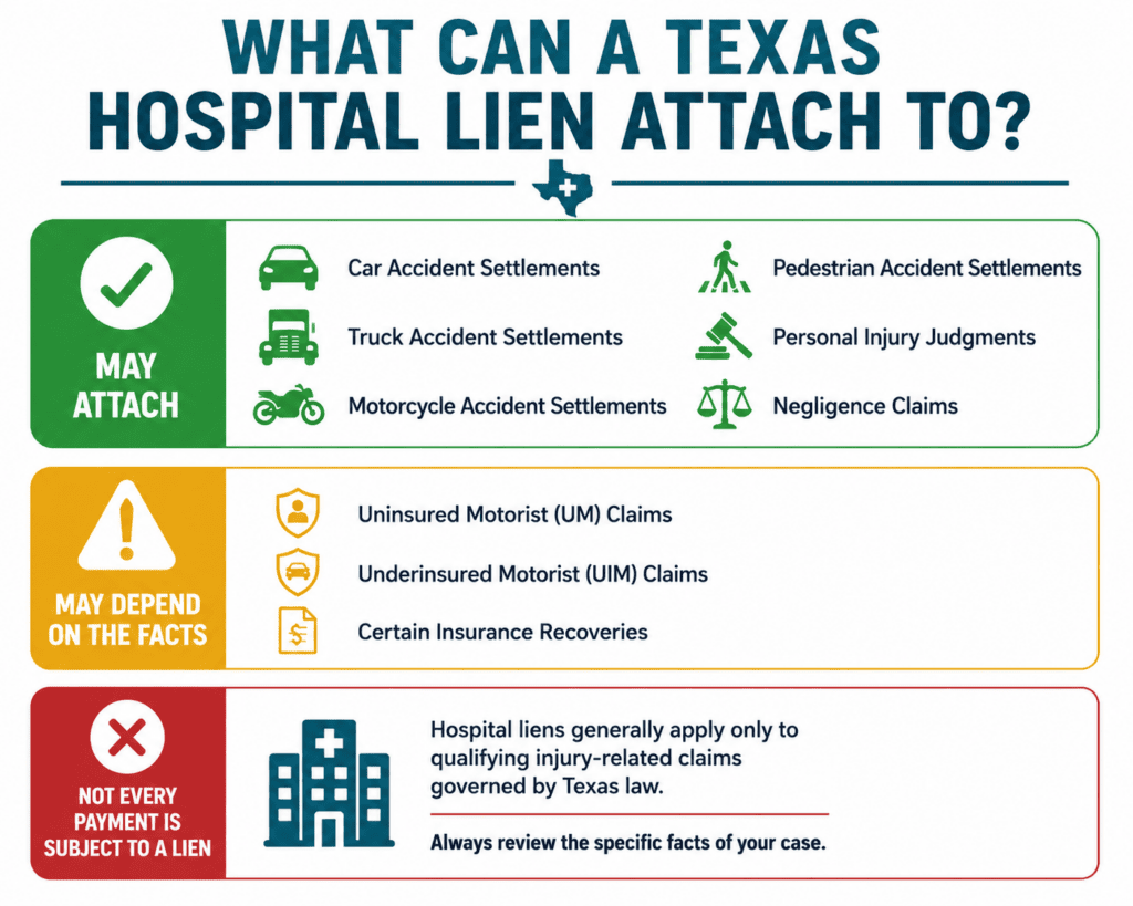 Infographic showing what types of settlements and injury claims a Texas hospital lien may attach to.