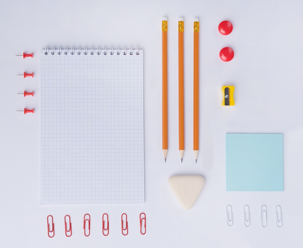 Top view picture of a lot of office supplies