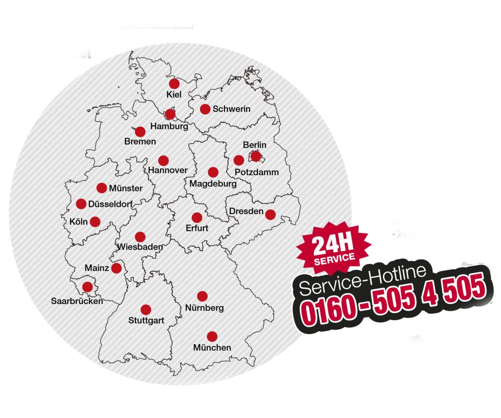 falschgetankt-soforthilfe-falsch-getankt-notdienst-deutschlandkarte-telefonnummer Servicegebiet ganz Deutschland Karte mit Telefonnummer 01605054505 und website www.falschtanken24.de