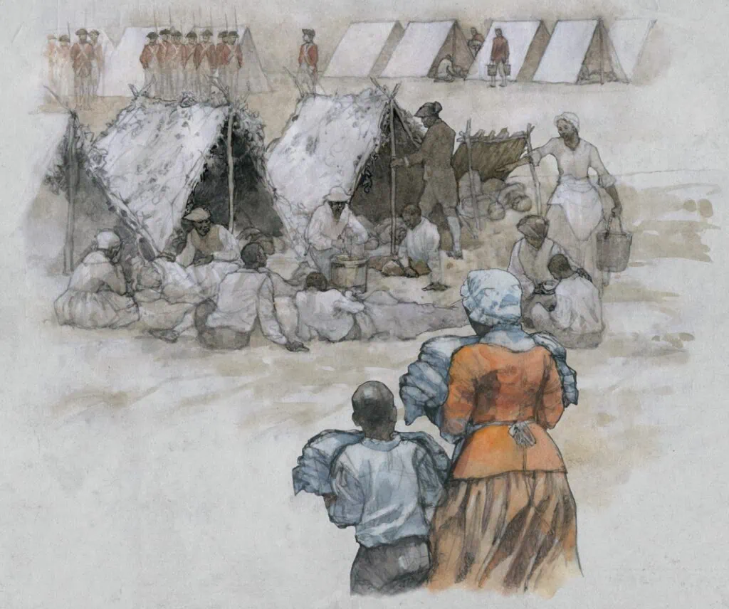 Watercolor of African Americans at a British camp, illustration by Wood Ronsaville Harlin, Inc
