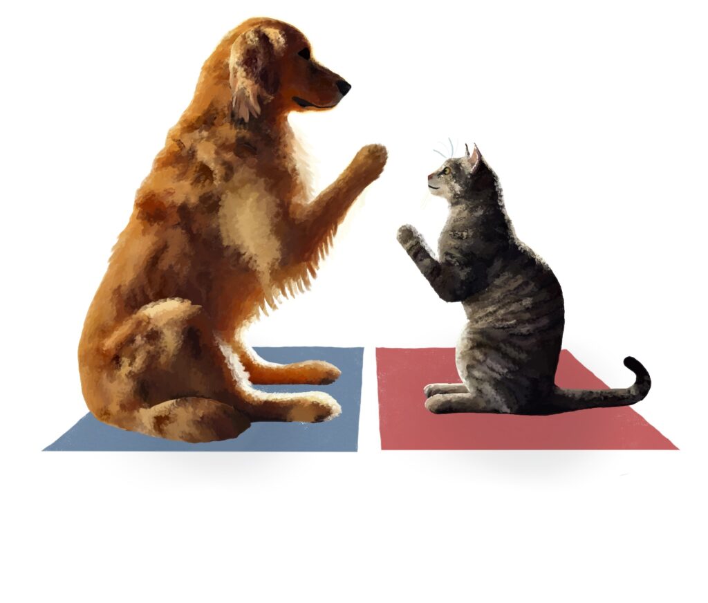 Speech yoga illustration of a dog and cat on yoga mats doing the namaste pose